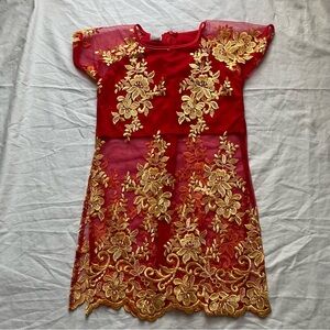 Traditional Vietnamese Red Dress with Gold Floral Embroidery, 5
